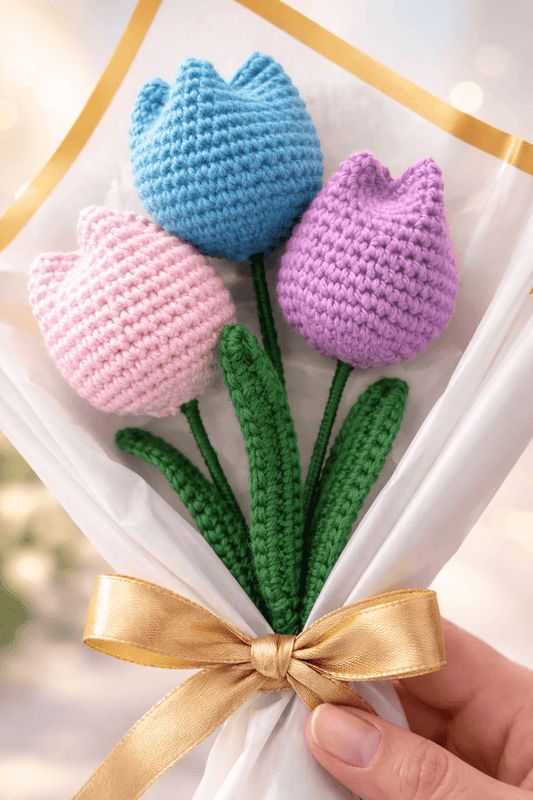 Crocheted tulips in blue, pink, and purple with a gold ribbon on a white background